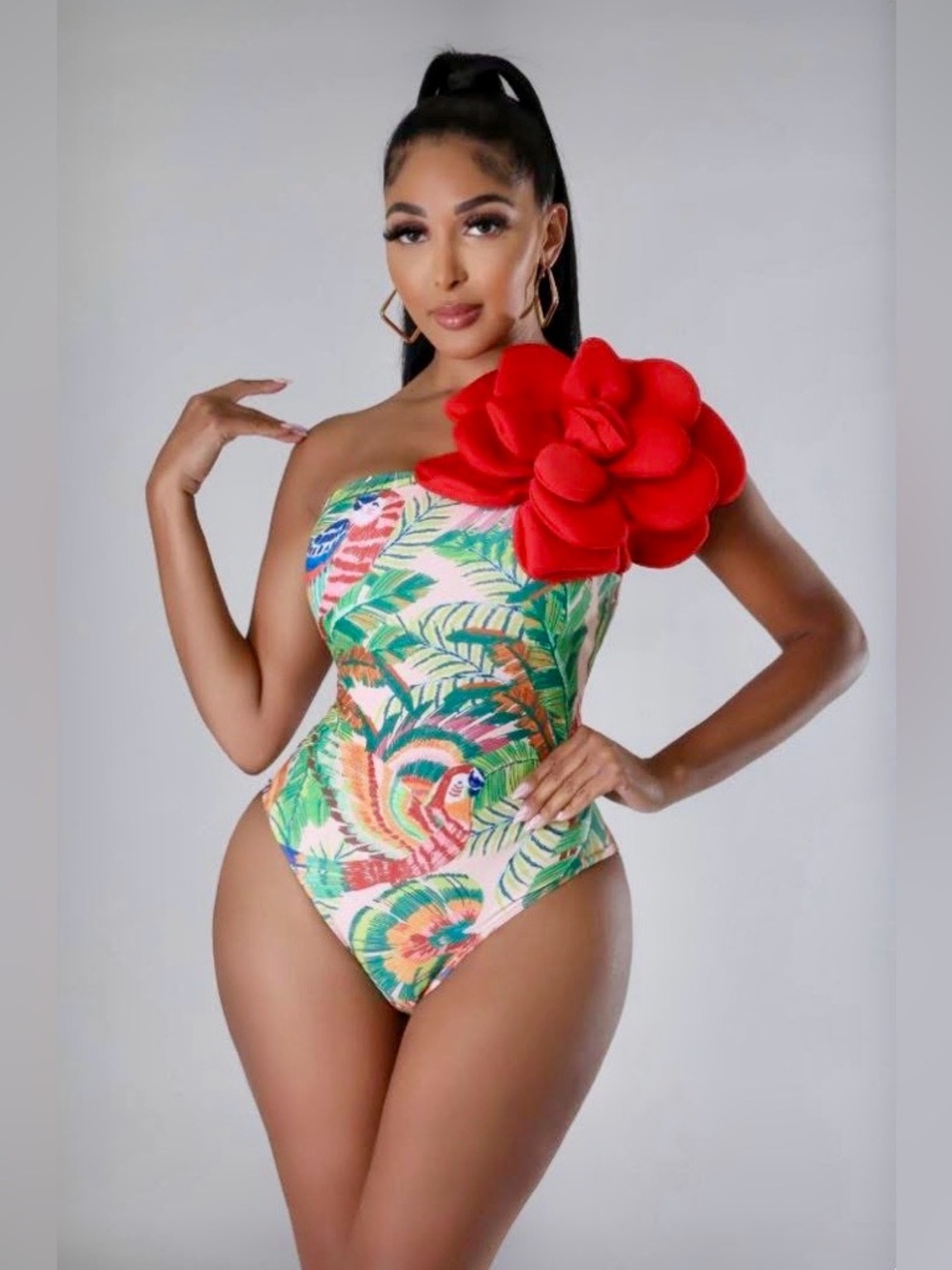 NWT Cora Babe one shoulder swimsuit with flower detail. Cute print! Size XL.